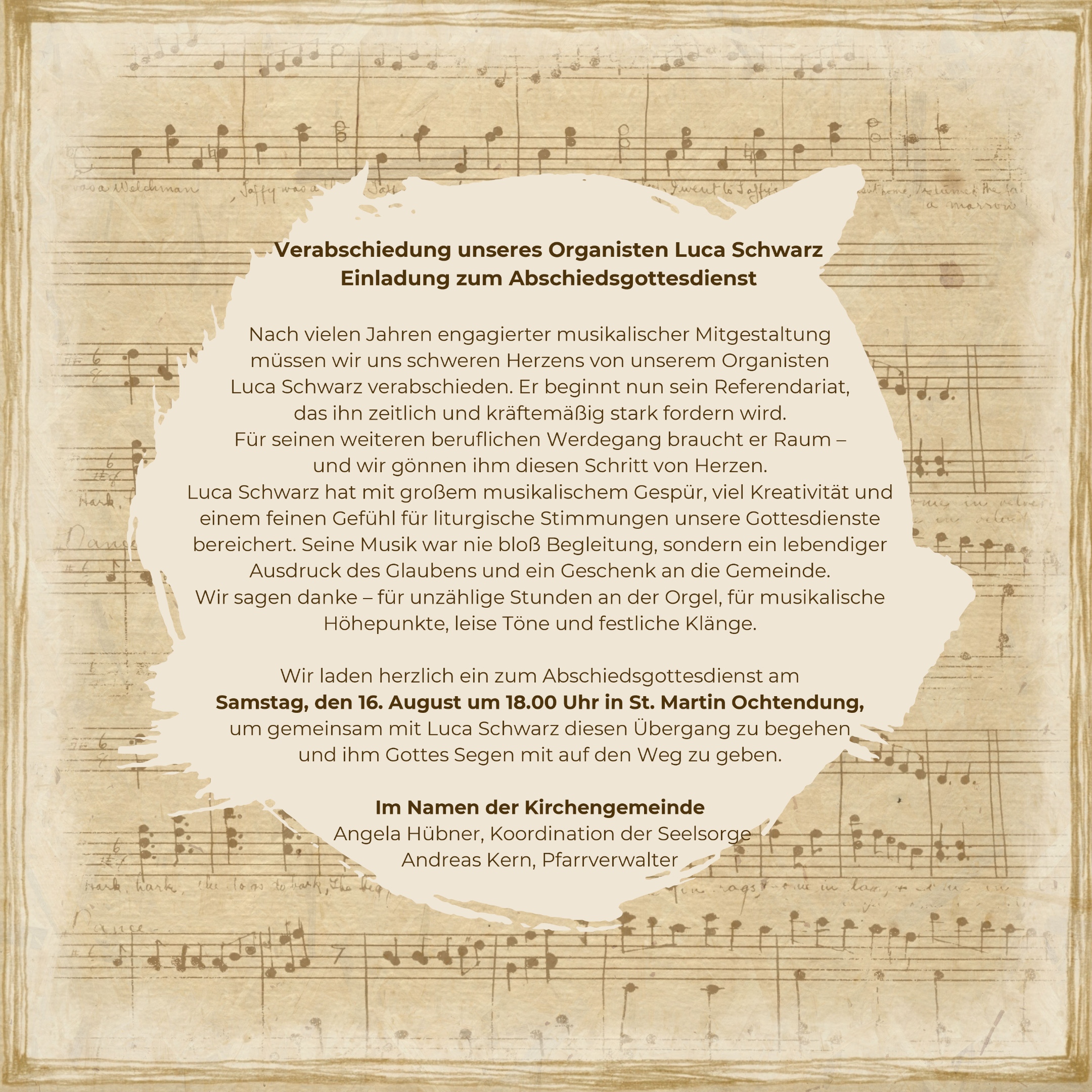 Plakat Verabschiedung Organist Luca Schwarz