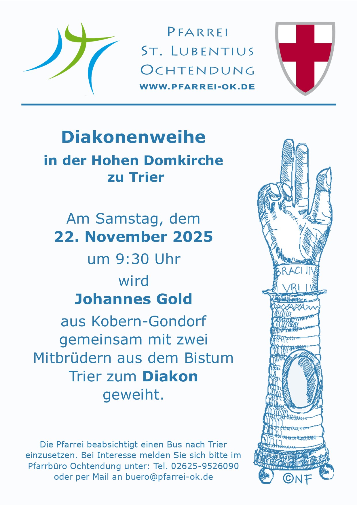 Handzettel mit Informationen zur Diakonenweihe mit dem Logo der Pfarrei und des Bistums Trier sowie eine Zeichnung der Reliquie des Heiligen Lubentiusin der Kirche Kobern