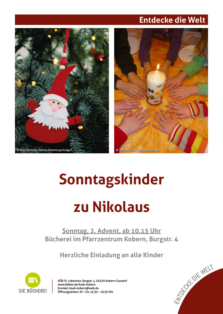 Links eine Nikolausfigur an einem Weihnachtsbaum, rechts viele Kinderhände gruppieren sich um eine brennende Kerze
