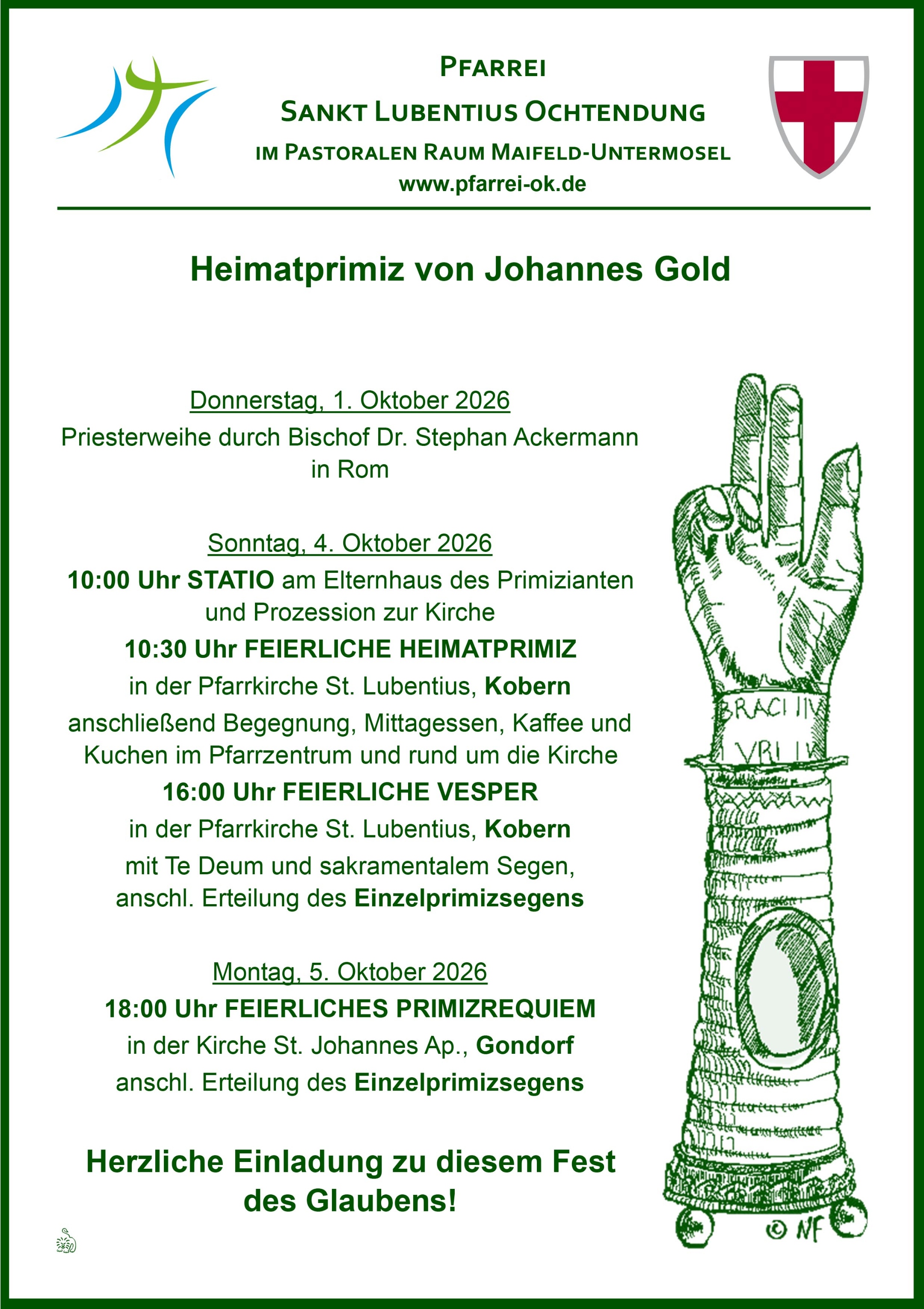 Plakat zur Priesterweihe von Johannes Gold - Primiz - mit dem Logo der Pfarrei und des Bistums - Lubentius-Reliquiar aus Kobern