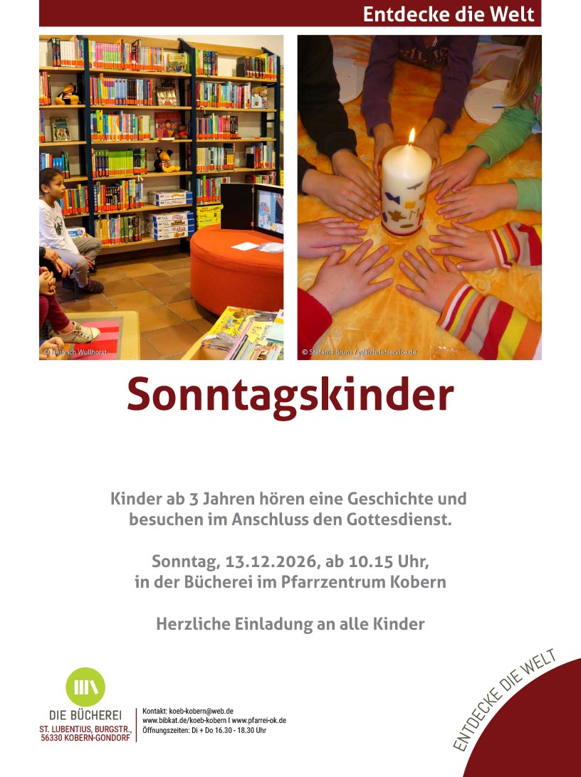 Linke Seite: Bücherregal in eine Bücherei; rechts: Kinderhände um eine brennende Kerze