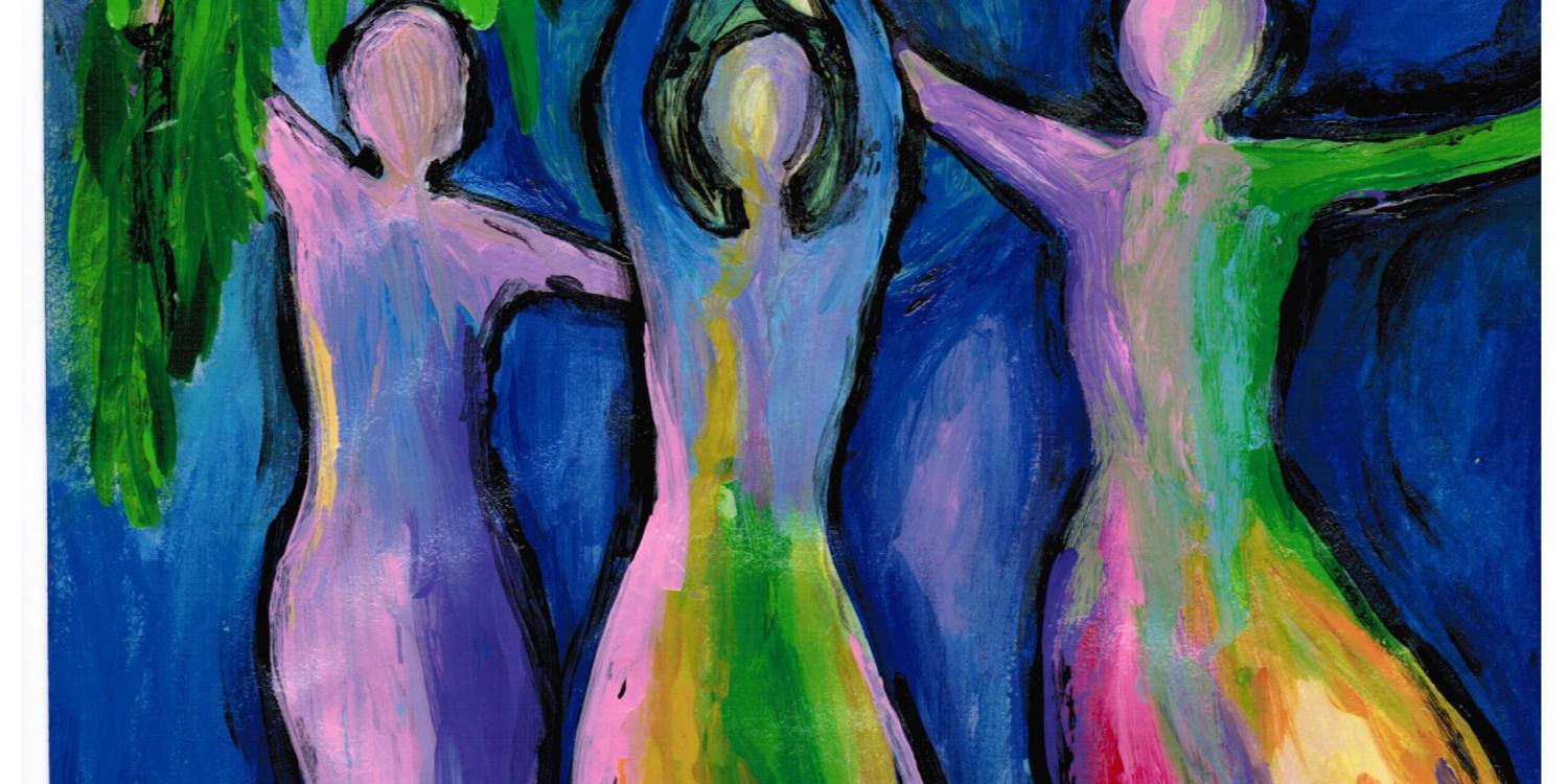 Drei tanzende Frauen in bunten Kleidern