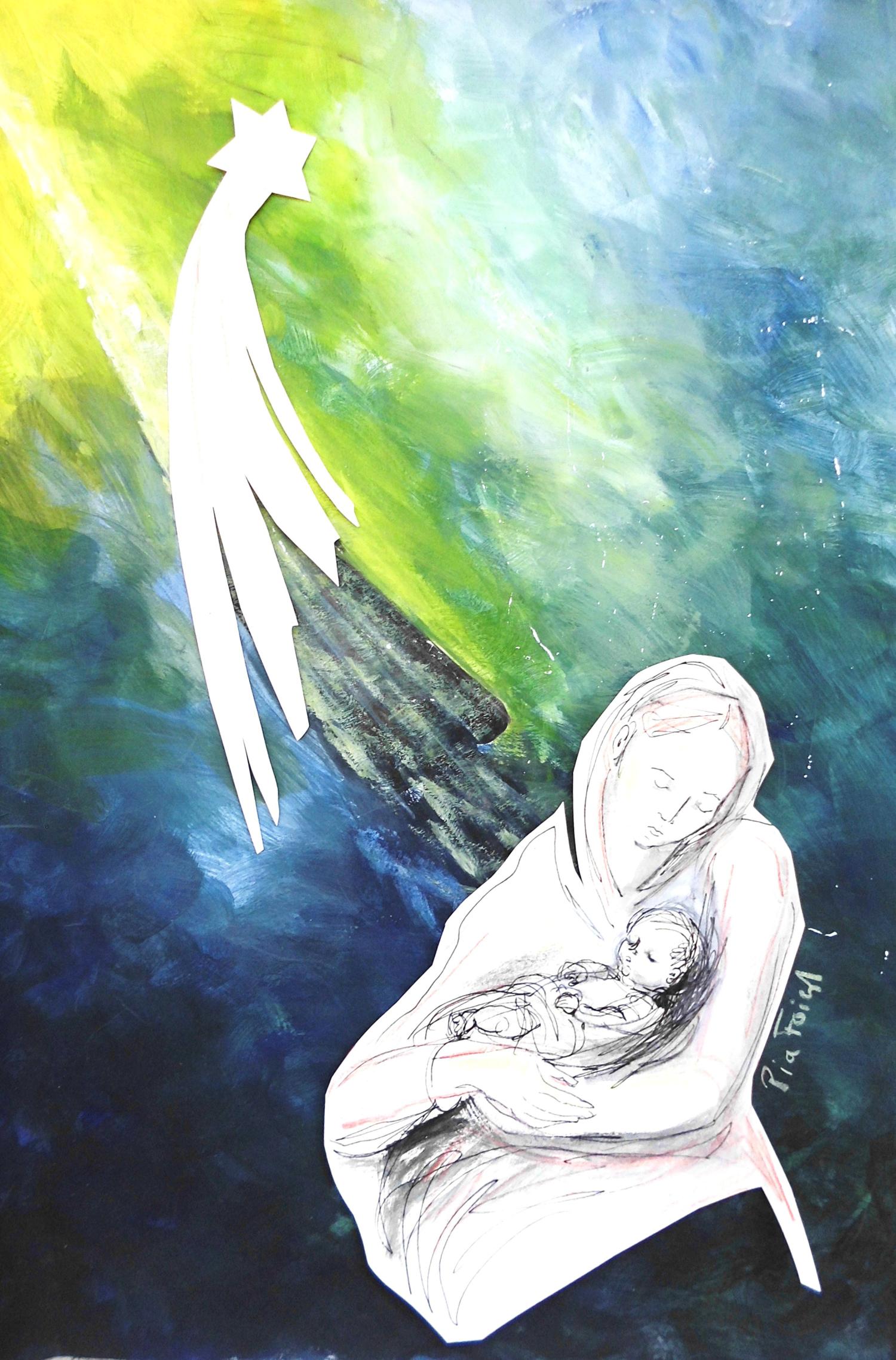 Vor einem gelb-grün-blauem Hintergrund sind Maria mit dem Jesuskind auf dem Schoß sowie der Morgenstern stilisiert dargestellt.